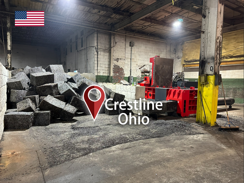 Крестлайн, Огайо: установлен ENERPAT AMB-L2014-250 гидравлический пакетировочный пресс для железной стружки